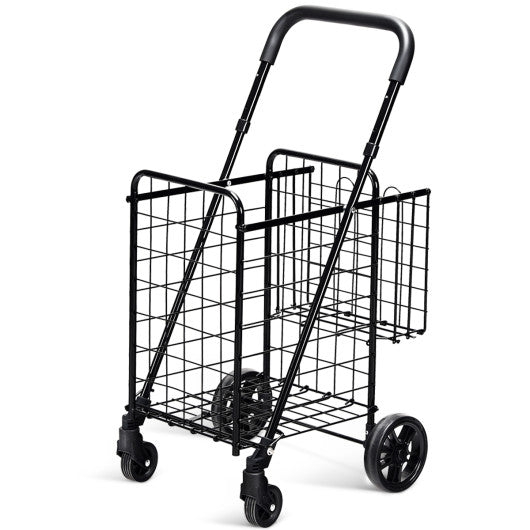 Costway Black Folding Shopping Cart Basket Rolling Trolley with Adjustable Handle