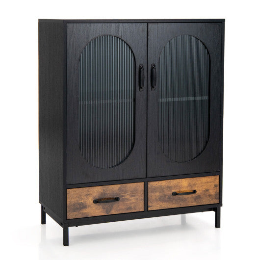 Costway Black Kitchen Industrial Buffet Sideboard with Tempered Glass Doors