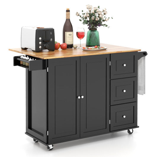 Costway Black Kitchen Island Trolley Cart Wood with Drop-Leaf Tabletop and Storage Cabinet