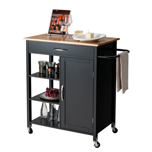 Costway Black Mobile Kitchen Island Cart with Rubber Wood Top