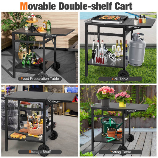 Costway Black Movable Outdoor Grill Cart with Folding Tabletop and Hooks