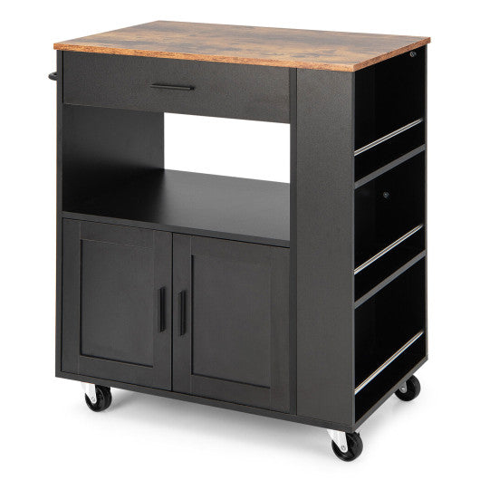 Costway Black Rolling Kitchen Trolley with 3 Spice Racks Drawer and Open Shelf