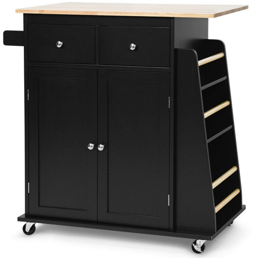 Costway Black Rubber Wood Countertop Rolling Kitchen Island Cart