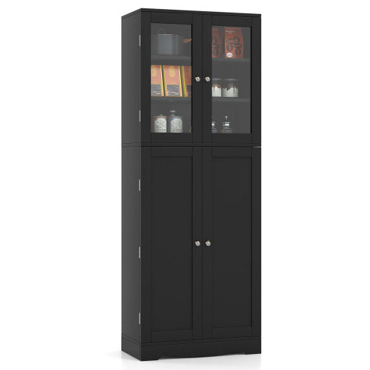 Costway Black Tall Kitchen Pantry Cabinet with Dual Tempered Glass Doors and Shelves