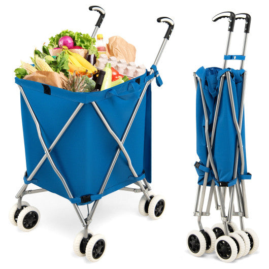 Costway Blue Folding Shopping Utility Cart with Water-Resistant Removable Canvas Bag