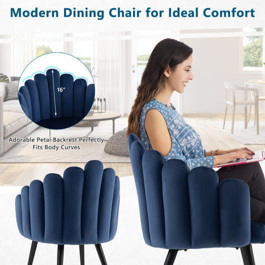 Costway Blue Modern Velvet Dining Chair with Metal Base and Petal Backrest