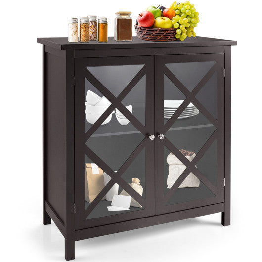 Costway Brown Freestanding Kitchen Buffet Cabinet with Glass Doors and Adjustable Shelf