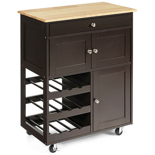 Costway Brown Kitchen Cart with Rubber Wood Top 3 Tier Wine Racks 2 Cabinets