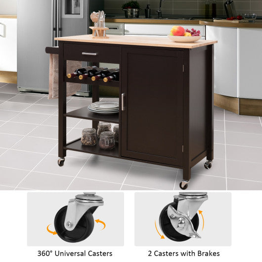 Costway Brown Kitchen Island Cart Rolling Serving Cart Wood Trolley
