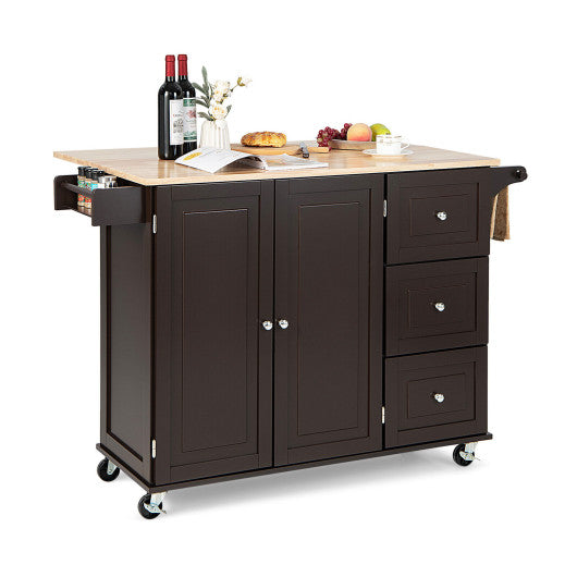 Costway Brown Kitchen Island Trolley Cart Wood with Drop-Leaf Tabletop and Storage Cabinet