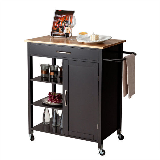 Costway Brown Mobile Kitchen Island Cart with Rubber Wood Top