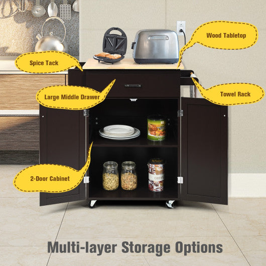 Costway Brown Utility Rolling Storage Cabinet Kitchen Island Cart with Spice Rack