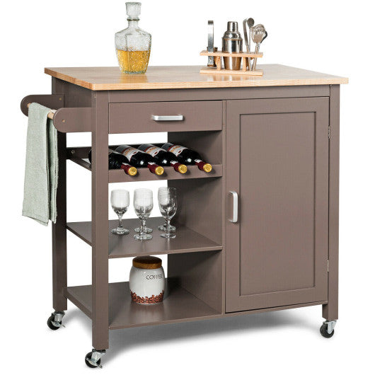 Costway Coffee Kitchen Island Trolley Cart Storage Cabinet with Wine Rack & Shelf