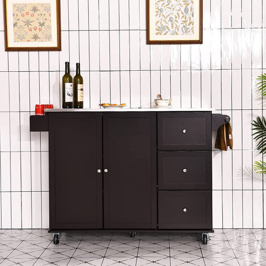 Costway Dark Brown Kitchen Island 2-Door Storage Cabinet with Drawers and Stainless Steel Top