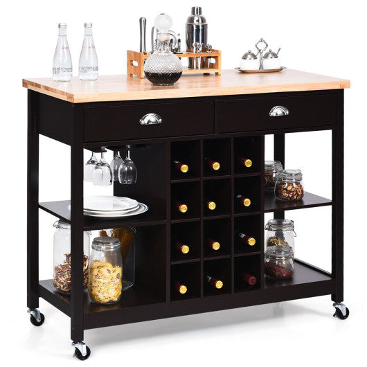 Costway Dark Brown Rolling Kitchen Island Bar Storage Serving Cart