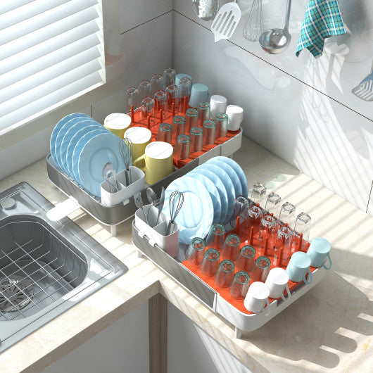 Costway Expandable Dish Drying Rack Adjustable Dual-Part Dish Drainer with Detachable Utensil Holder
