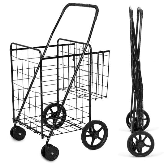 Costway Folding Shopping Cart for Laundry with Swiveling Wheels and Dual Storage Baskets-Black
