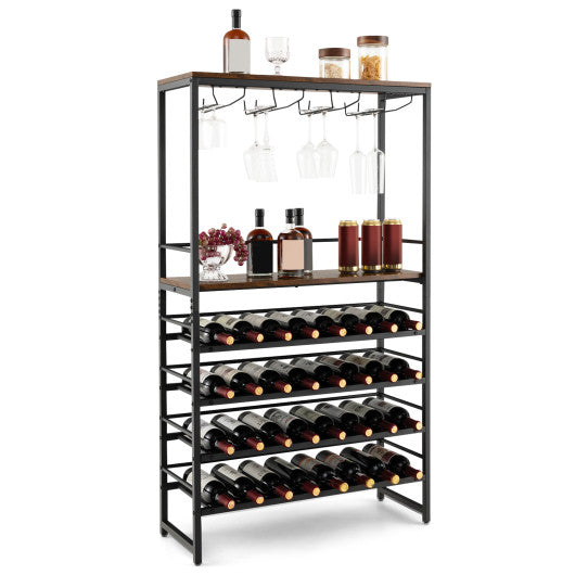 Costway Freestanding Wine Bakers Rack with 4-Tier Wine Storage and 4 Rows of Stemware Racks