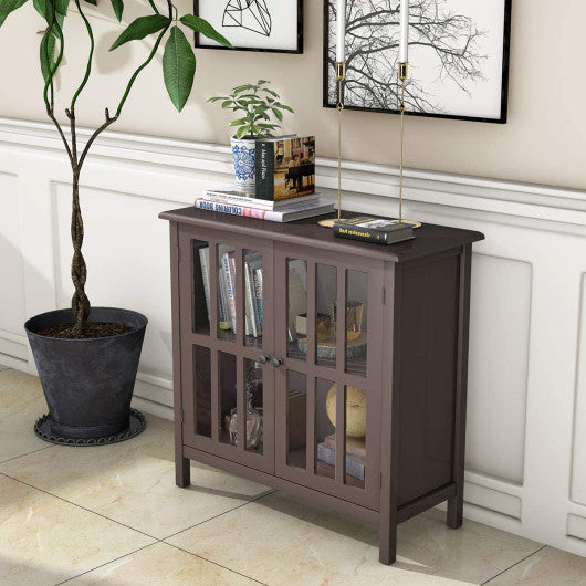 Costway Glass Door Sideboard Console Storage Buffet Cabinet-Brown