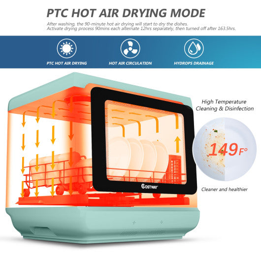 Costway Green Countertop Air Drying Dishwasher with Water Tank and 5 Programs