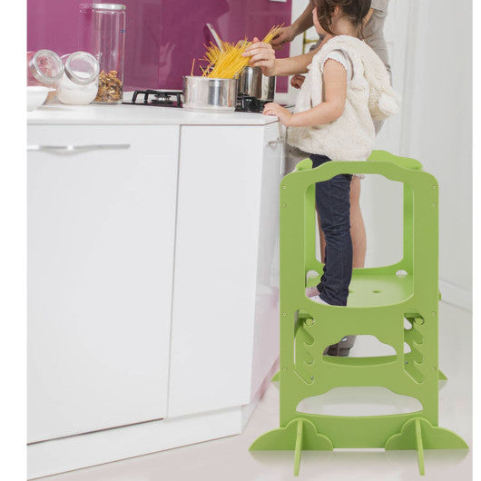 Costway Kids Height Adjustable Kitchen Step Stool Toddlers Kitchen Helper w/ Chalkboard - Green