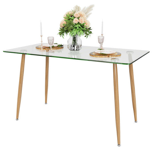 Costway Natural Modern Glass Rectangular Dining Table with Metal Legs