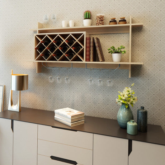 Costway Natural Wall Mount Wine Rack with Glass Holder & Storage Shelf