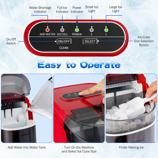 Costway Red Countertop Ice Maker 26.5lbs/Day with Self-Cleaning Function and Flip Lid