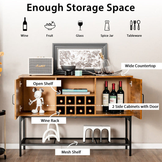 Costway Rustic Brown Industrial Kitchen Buffet Sideboard with Wine Rack and 2 Doors