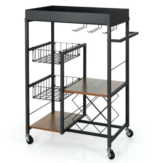 Costway Rustic Brown Kitchen Island Cart on Wheels with Removable Top and Wine Rack
