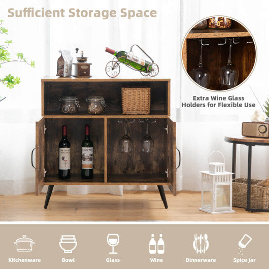 Costway Rustic Brown Mid-century Wooden Storage Cabinet Wine Glass Holders