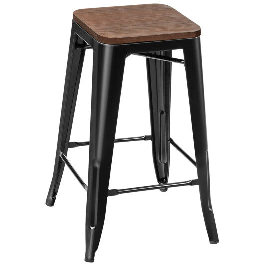 Costway Set of 2 Black Counter Height Backless Stool with Wooden Seat