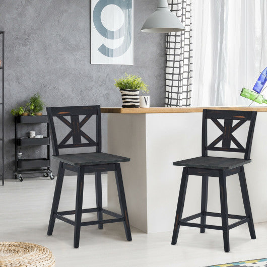 Costway Set of 2 Black Swivel Counter Height Bar Stools with Solid Woo ...