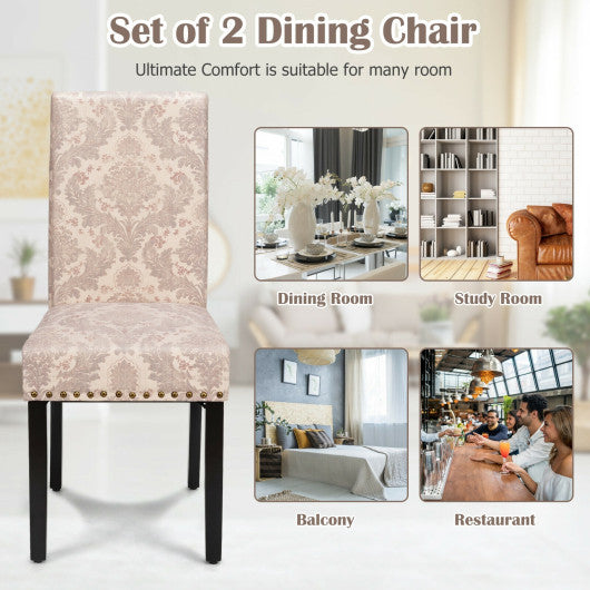 Costway Set of 2 Pink Fabric Upholstered Dining Chairs with Nailhead