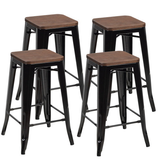 Costway Set of 4 Black Counter Height Backless Barstools with Wood Seats