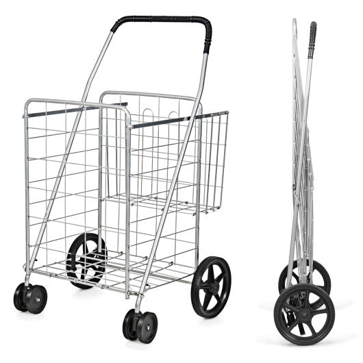 Costway Silver Folding Shopping Cart for Laundry with Swiveling Wheels and Dual Storage Baskets