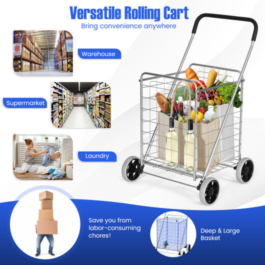Costway Silver Portable Folding Shopping Cart Utility for Grocery Laundry