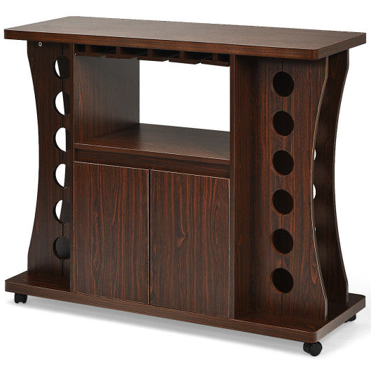 Costway Walnut Rolling Buffet Sideboard Wooden Bar Storage Cabinet