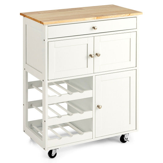 Costway White Kitchen Cart with Rubber Wood Top 3 Tier Wine Racks 2 Cabinets