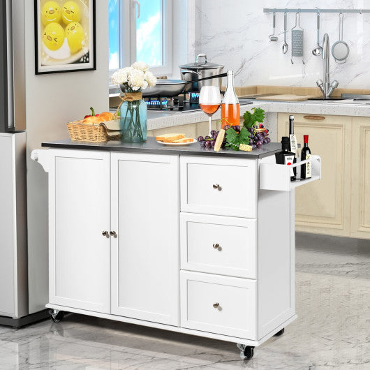 Costway White Kitchen Island 2-Door Storage Cabinet with Drawers and Stainless Steel Top