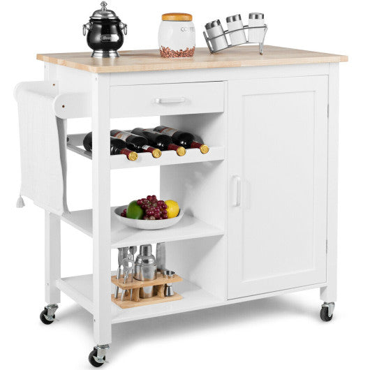 Costway White Kitchen Island Trolley Cart Storage Cabinet with Wine Rack & Shelf