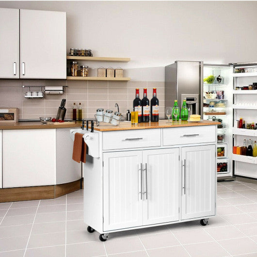 Costway White Kitchen Island Trolley Cart Wood Top Rolling Storage Cab Kitchen Oasis