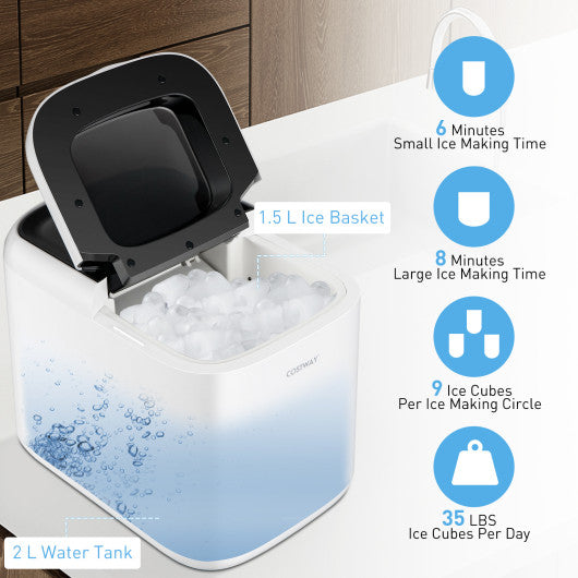 Costway White Portable Self-Clean Countertop Ice Maker with Ice Basket and Scoop