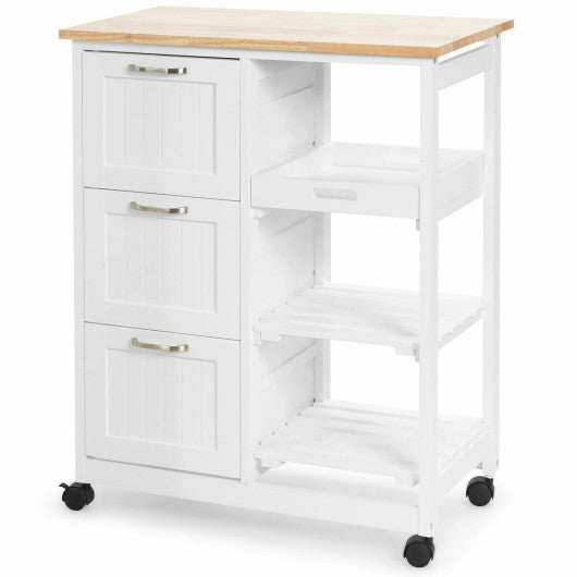 Costway White Rolling Kitchen Island Utility Storage Cart with 3 Large Drawers