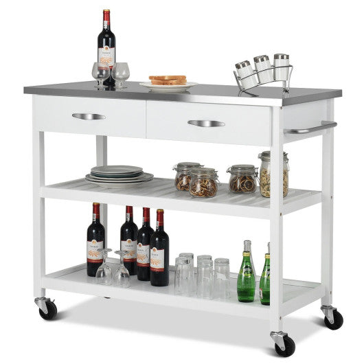 Costway White Rolling Kitchen Trolley Cart Island with Stainless Steel Countertop