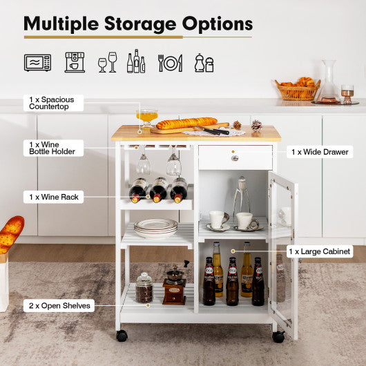 Costway White Rolling Trolley Cart with Drawer Glass Holder and Wine Rack for Kitchen