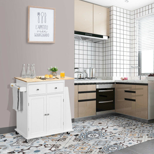 Costway White Rubber Wood Countertop Rolling Kitchen Island Cart