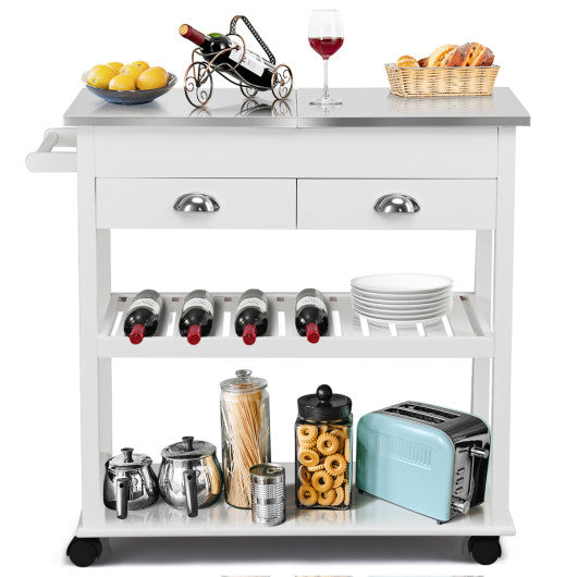 Costway White Stainless Steel Mobile Kitchen Trolley Cart With Drawers & Casters