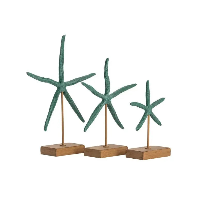 Crestview Collection 15" & 12" & 9" 3-Piece Coastal Resin Starfish Statue In Bleached Wood Finish