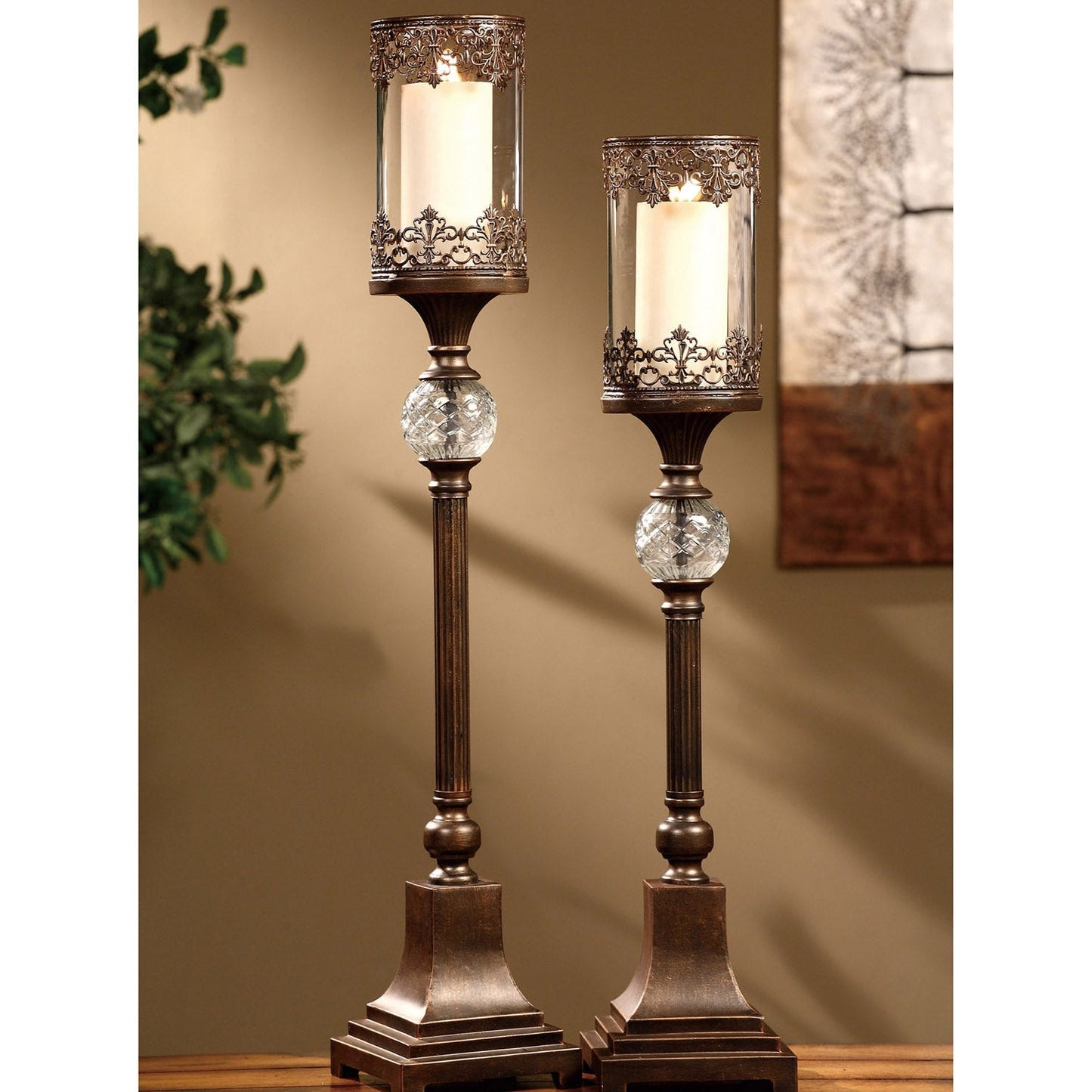 Crestview Collection Ashland 30" & 34" 2-Piece Traditional Metal And Glass Candle Holder In Regency Bronze Finish